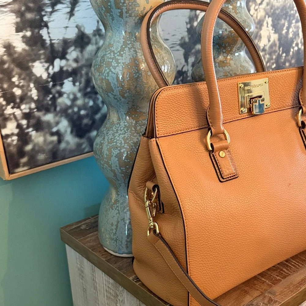 Michael Kors Cognac Leather Satchel with Gold Hardware beautiful - Picture 3 of 11